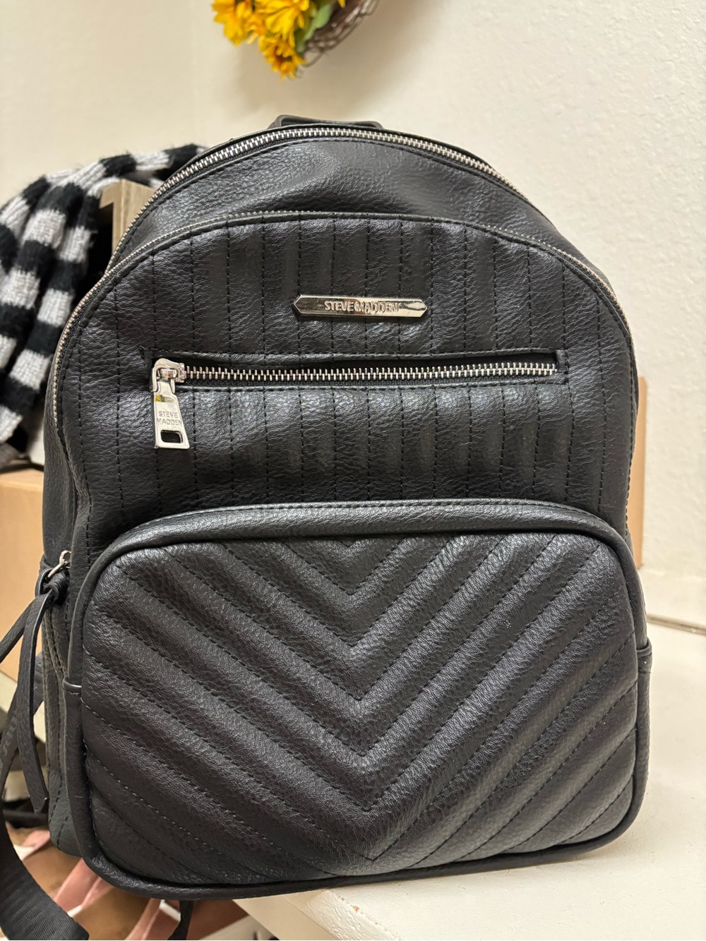 Steve Madden Black Quilted Mini Backpack with Silver Hardware